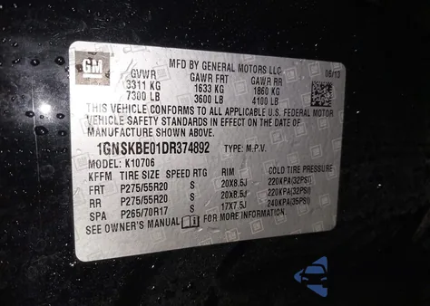 2013 Chevrolet Tahoe Lt z USA, uszkodzony, nr VIN 1GNSKBE01DR374892